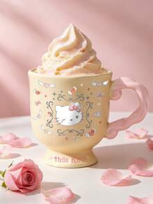 HELLO KITTY AND FRIENDS | SHEIN 1 Stück Hello Kitty cremegelbe Keramik Tasse, einzigartige gedrehte rosa geschwungene Griff Fuß Kaffeetasse, Vintage Rahmen Engel Herz Flügel Muster Kawaii Trinkbecher, süße Milchtee Tasse für Mädchen, ideal für Zuhause Frühstück, Büro täglicher Gebrauch & Geburtstags-Feiertagsgeschenk - Verschiedenfarbig - Übersicht 7