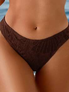 Swim Lushoire Women's Summer Coffee Jacquard Fabric Front Center Shell Metal Buckle Swimsuit Set - Coffee Brown - View 5