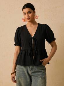 Travachic Plus Size Women's Solid Color Front Tie Short Sleeve Casual Elegant Boho Shirt Vacation Black Summer Date Night Office - Black - View 4