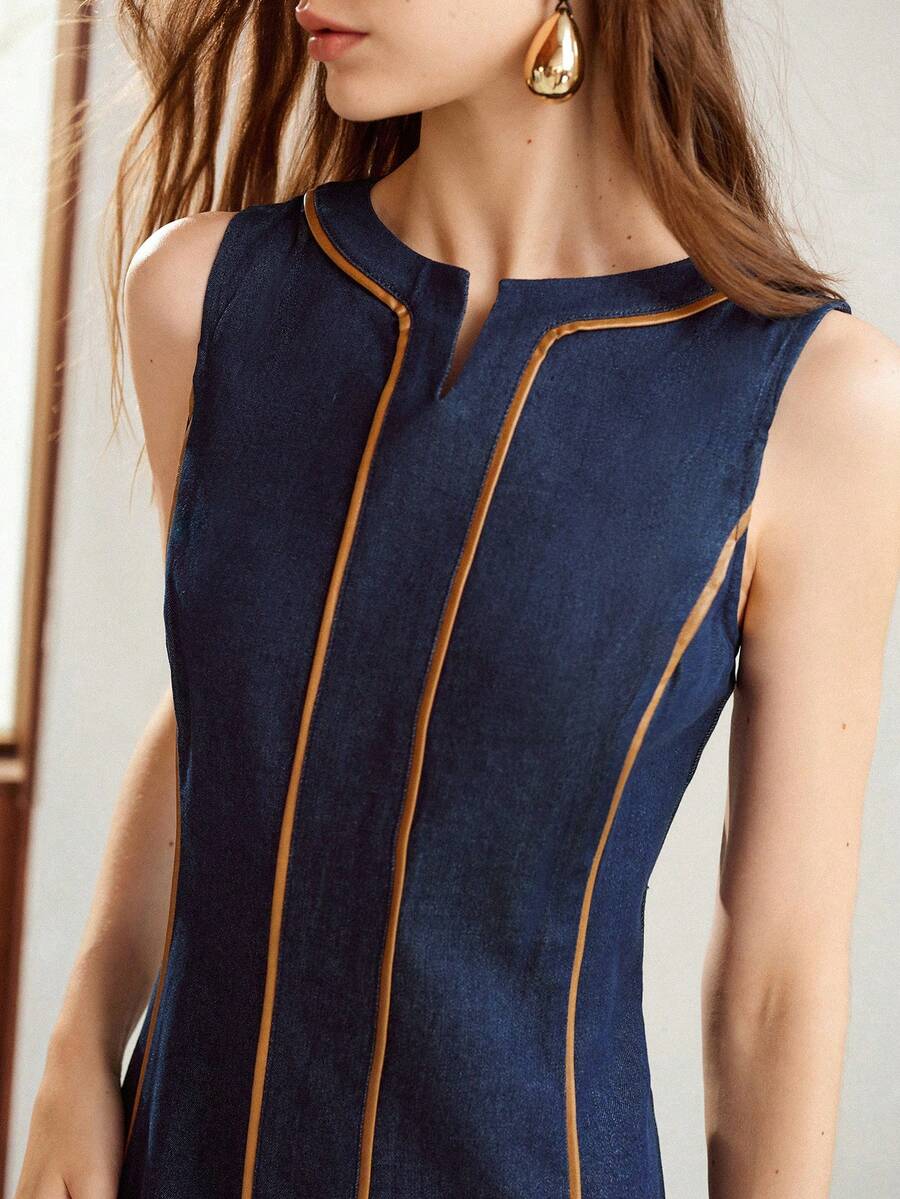 MOTF PREMIUM VESTIDO DE MEZCLILLA SIN MANGAS CON RIBETE DE CONTRASTE PARA MUJER - Azul - Ver 1