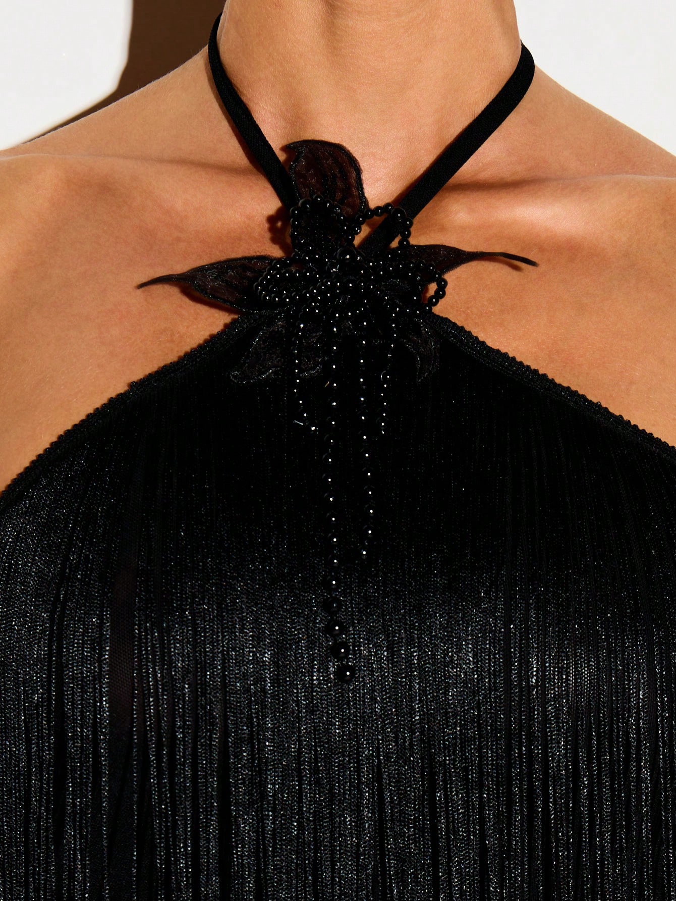 Halterneck Fringe Mini Dress With Floral Beaded Trim