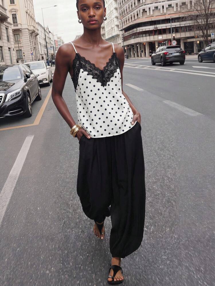 SHEIN Maija Women's Contrast Lace Polka Dot Print Fashion Camisole Tank Top,Going Out Outfits,Summer Holiday Outfits