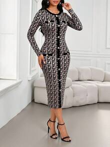 SHEIN Lady Đầm dài tay ôm dáng thanh lịch dành cho nữ, họa tiết hình học, thiết kế cài nút. - màu nâu - Xem 4