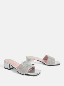 CUCCOO TILAWA Women Shoes Slip-On Design Square Heel Silver Rhinestone Upper High Heel Sandals Suitable For Parties, Daily Wear, Evening Wear, Heightening And Elongating Legs Summer - Silver - View 3
