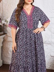 Lacomfia Summer Multicolor Print Patchwork Dark Purple Lace Trim Casual Elegant Plus Size Women's Dress Party - Multicolor - View 6