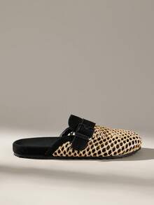 Solecia Women's Shoes Spring And Summer New Holiday Style Woven Mat Net, Buckle Decoration, Round Toe Design, Slip-On Heel, Comfortable And Simple Vacation, Women's Flat Shoes, Essential For Commuting, Casual Versatile, Dating Travel, Afternoon Tea - Black - View 1