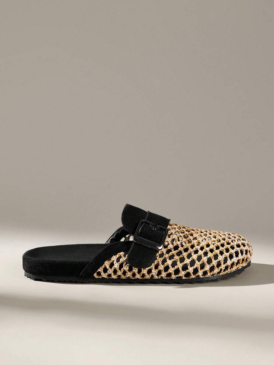 Solecia Women's Shoes Spring And Summer New Holiday Style Woven Mat Net, Buckle Decoration, Round Toe Design, Slip-On Heel, Comfortable And Simple Vacation, Women's Flat Shoes, Essential For Commuting, Casual Versatile, Dating Travel, Afternoon Tea - Black - View 1