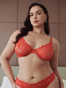 Slumbrini 1 Set Women Plus Size Solid Color Lace Underwire Comfortable Bra Set, Lift - Red - View 7