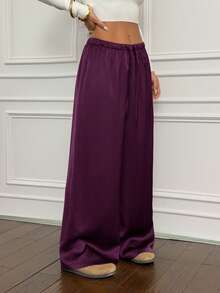 SHEIN PETITE 女款低腰休閒復古緞面百搭深紫色美拉德色長褲，派對秋季，小個女款 - 紫色 - 查看 7