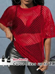 SHEIN CURVE+ 大尺碼黑色透視鏤空龐克搖滾音樂節上衣，Curve Plus，Hoho度假風 - 紅色 - 查看 6