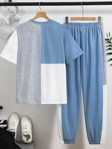 SHEIN 青少年男孩字母印花拼接短袖T恤與長褲休閒套裝 - 彩色 - 查看 3