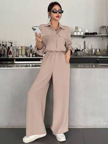 DAZY Setelan 2 Potong Kemeja Lengan Panjang Berkerah dan Celana Panjang Longgar untuk Wanita, Musim Semi, Musim Panas, dan Musim Gugur - Khaki - View 4