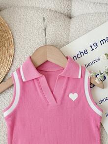 SHEIN LMoss Kids 女嬰可愛夏季條紋 Polo 背心上衣搭配彈性腰圍荷葉邊短褲套裝 - 粉色 - 查看 3