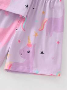 Girls' Colorful Unicorn Pattern Button-Up Lapel Short Sleeve & Shorts 2pcs Comfortable Loungewear Set - Mauve Purple - View 8