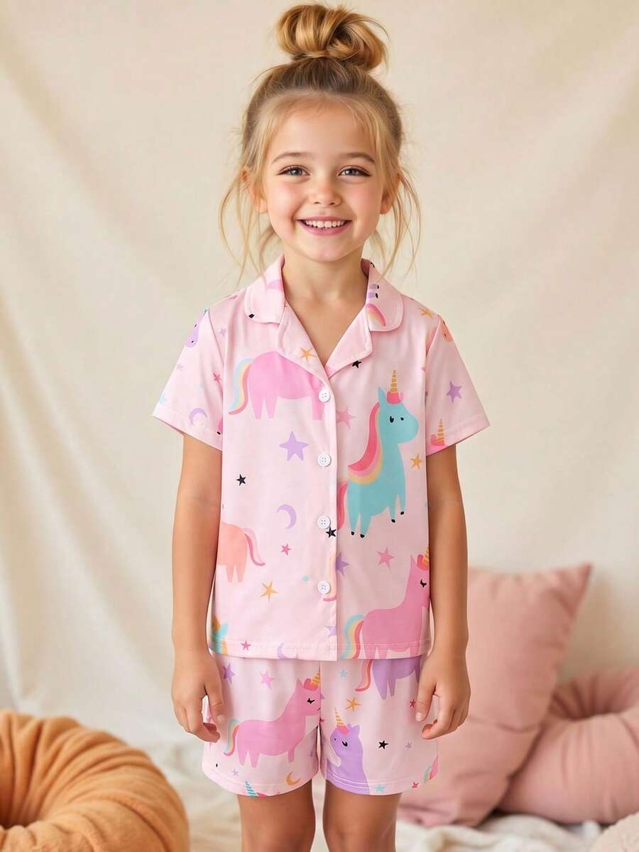 女童彩色獨角獸圖案鈕扣領短袖短褲兩件組舒適家居服套裝 - 淺粉色 - 查看 1