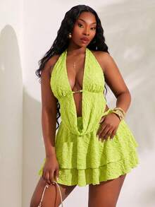 SHEIN SXY Plus-Size Light Green Textured High-Elastic Knit Draped Neckline Backless Camisole Top And High-Waist Short Skirt Two-Piece Set.Beach Vacation - Green - View 9