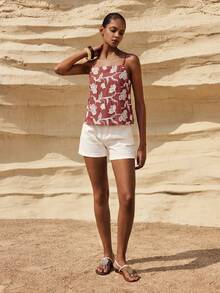 MAIJA Vacation Boho Ruffle Trim V-Neck Sleeveless Cami Top - Rose Red - View 4