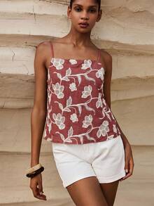 MAIJA Vacation Boho Ruffle Trim V-Neck Sleeveless Cami Top - Rose Red - View 5