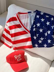 Comfortcana Red White And Blue Stripe Drop Shoulder V-Neck T-Shirt Independence Day Music Summer Casual Streetwear Vacation Rave - Multicolor - View 5