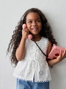Maija Kids Maija Kids 少女白色休閒圓領花卉飾邊細節背心上衣，夏季無袖女童上衣，少女女童服飾夏季襯衫上衣 - 白色 - 查看 7