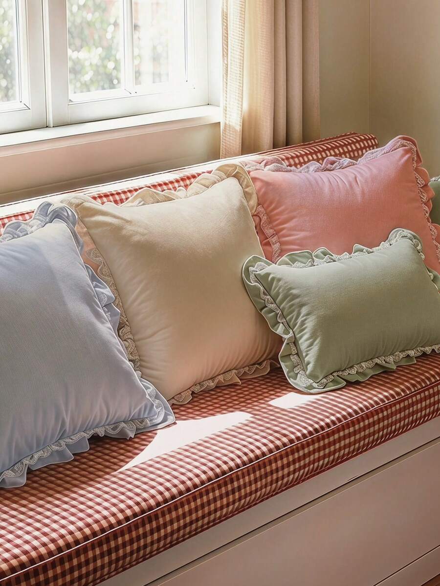 SHEIN 1件裝 蕾絲荷葉邊米色、粉色、綠色、藍色方形枕套、長方形枕套、蕾絲裝飾枕套,適合日常使用 - 彩色 - 查看 1