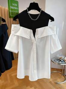 Franclia Casual Loose Round Neck Off-Shoulder Color Block 2 In 1 Short Sleeve Shirt - Black and White - View 3