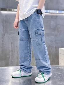SHEIN Casuvi Kids 男童復古 2016 美學工裝長褲，水藍色，柔軟親膚棉質丹寧，兒童節畢業套裝，夏季休閒，校園穿搭 - 淺色水洗藍 - 查看 3