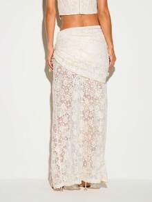 KIZN Lace Crochet Maxi Skirt With Side Split And Ruched Waist Detail For Summer Occasions And Evening Events - Apricot - View 4