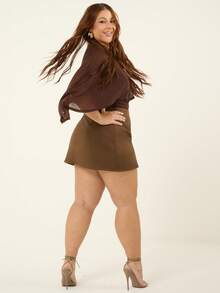 Lele Munniz Plus Size Solid Color High Waist Skirt, Suitable For Work Brown - Coffee Brown - View 6