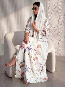 Yasveil 女款花卉印花緞面長袖阿巴雅度假洋裝 - 白色 - 查看 1