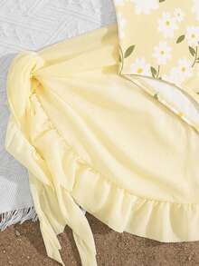 SHEIN Young Girl Cute Plant Floral Print One-Piece Jumpsuit With Ruffle Skirt Set, Fashionable Casual Exquisite, Swimming Vacation Beach - Yellow - View 6