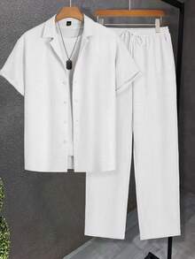 Manfinity RSRT Men's Summer Casual Solid Color Loose Fit Drop Shoulder Short Sleeve Shirt And Long Pants Set Men Summer Pants Set Men Resort Outfit Men Co Ord Set, Holiday - White - View 4