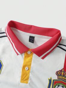 ROMWE MEN Street Life Men's Loose Letter Print Striped Contrast Color Button Half-Placket Short Sleeve POLO Shirt - Multicolor - View 3