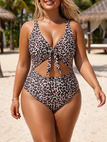 Slaydiva Plus Size Women's One Piece Swimsuit, Random Print, Front Tie Knot, Adjustable, Cutout Abdomen, Sexy Vacation Party Beach Summer All White - Multicolor - View 2