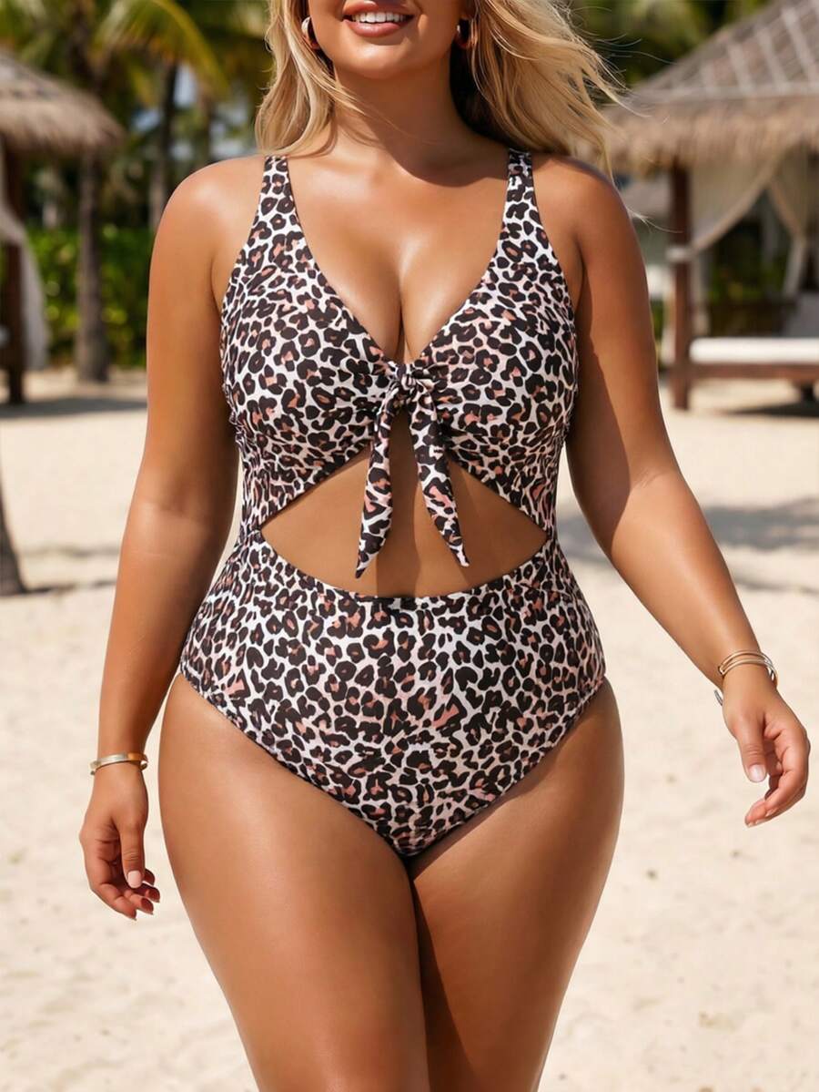 Slaydiva Plus Size Women's One Piece Swimsuit, Random Print, Front Tie Knot, Adjustable, Cutout Abdomen, Sexy Vacation Party Beach Summer All White