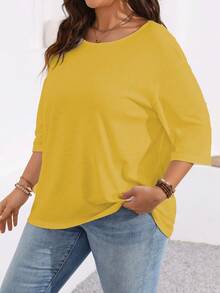 Camiseta de talla grande para mujer de unicolor, cuello redondo, casual, versátil, para uso diario - Amarillo - Ver 4