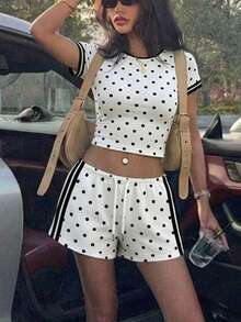 Muchica Plus Size Summer Casual Polka Dot & Striped Print T-Shirt And Shorts 2 Piece Set - Multicolor - View 5