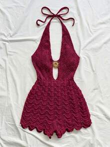 Women's Jumpsuit With Crochet Texture, Open Back, Halter Neck And V-Neck, Perfect For Beach Vacations - Black - View 5