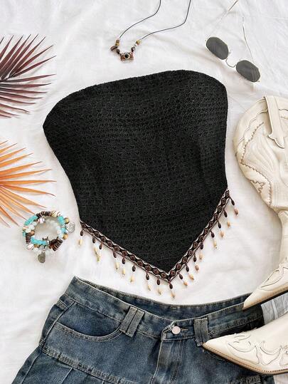 Soleia Top sin tirantes para mujer con estampado de sol, patchwork y cuentas, de punto, estilo bohemio, boho, vintage, para vacaciones, fiesta, Navidad, cita, discoteca, playa, crucero, té de la tarde, ropa de otoño para mujer