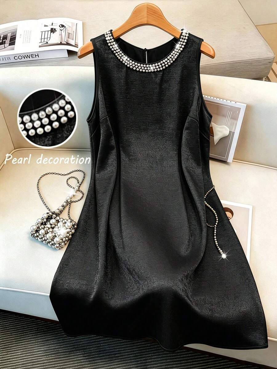 GlowEve CURVE Plus Size Round Neck Pearl Embellished Elegant Sleeveless Dress - Black - View 1