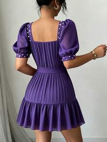 Modelyn Purple Square Neck Pearl Decor Lace-Up Waist Puff Short Sleeve Pleated Textured Fabric Women's Short Dress Dinner Date Deep Purple Summer Elegant - Purple - View 3