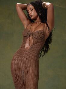 MUSERA Brown Crochet Open Knit Bodycon Beach Cover Up Maxi Dress - Chocolate Brown - View 2