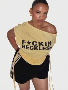 MUSERA Yellow Off The Shoulder Graphic Slogan Printed Cinched Ruched Waist Top - Yellow - View 1