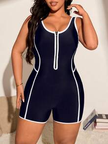 Swim SPRTY Plus Size Women's Solid Color Surf Suit Hipster Shorts Contrast Color One-Piece Casual Sports Vacation Jumpsuit Swimsuit Summer Beach Navy Blue - Navy Blue - View 1
