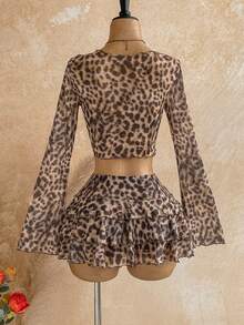 Soleia American Hot Girl Style Leopard Print Mesh Sheer V-Neck Lace-Up Waist Cinched Multi-Layer Ruffle Bell Sleeve Two Pieces Set - Multicolor - View 2