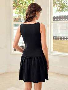 MOTF PREMIUM WOMEN'S FRENCH ELEGANT LARGE U-NECK RHINESTONE DECOR WAIST-CINCHING SWEATER DRESS DINNER PARTY DATE BLACK AND WHITE AUTUMN WINTER - Black - View 3