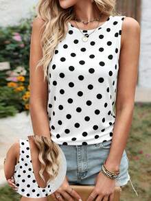 EMERY ROSE Plus Size Women's Deep U-Neck Backless Camisole,Elegant White And Black Polka Dot Summer Sleeveless - Multicolor - View 2