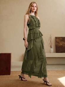 Arave Elegantes langes Damenkleid aus gewebtem Chiffon mit Boot-Ausschnitt, tailliertem Schnitt, Rüschen und Patchwork-Design für Dates - Armeegrün - Übersicht 6