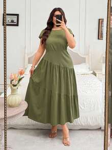 Modelyn Plus Size Women's Fashion Versatile Elegant Casual Round Neck Polka Dot Dress - Army Green - View 4
