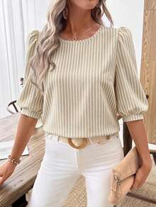 EMERY ROSE Women's Casual Commute Apricot Faux Texture Striped Print Lantern Sleeve Blouse Suitable For Spring And Summer - Multicolor - View 6